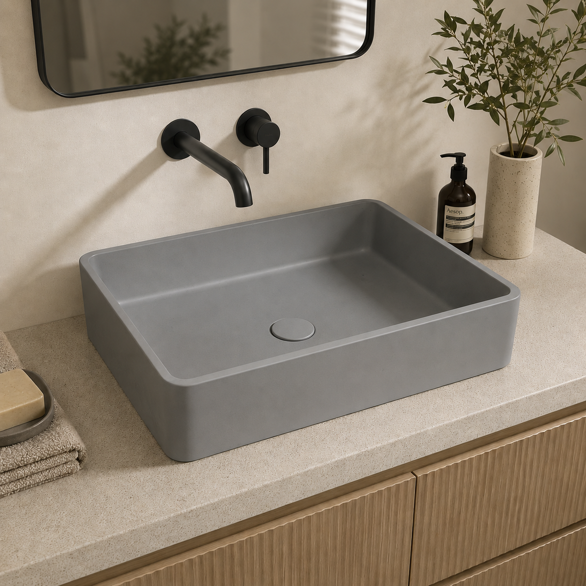 Rectangular concrete vessel basin in a styled bathroom — SANIKB C0009