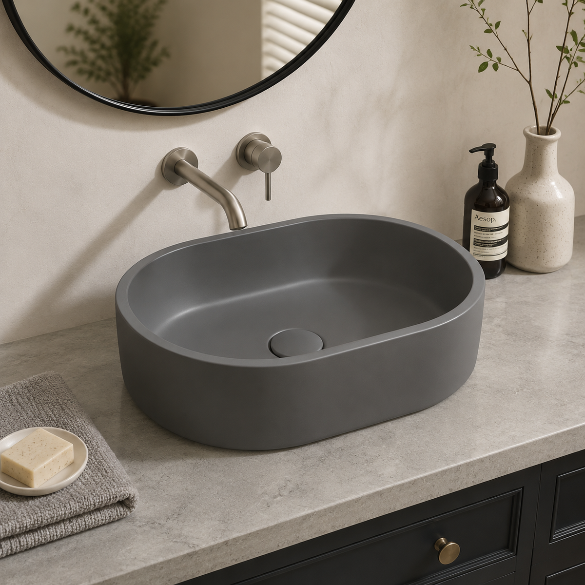 Oval concrete vessel basin in a styled bathroom — SANIKB C0037