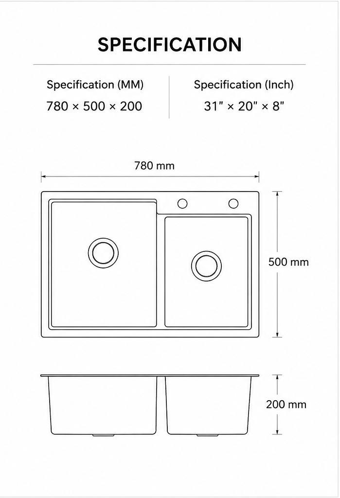 Specification diagram for 31 inch black offset double bowl quartz composite sink, 780 x 500 x 200 mm
