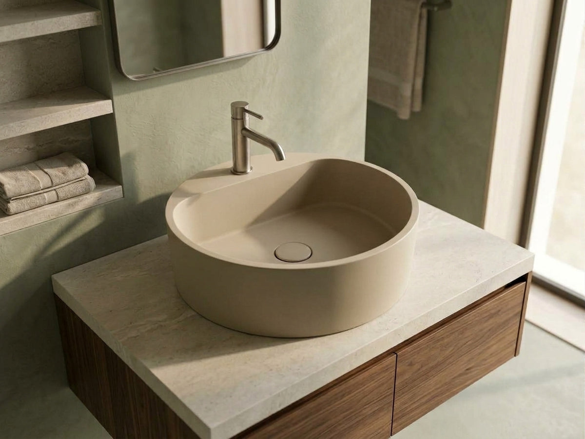 C0042 beige concrete basin in a boutique hotel washroom