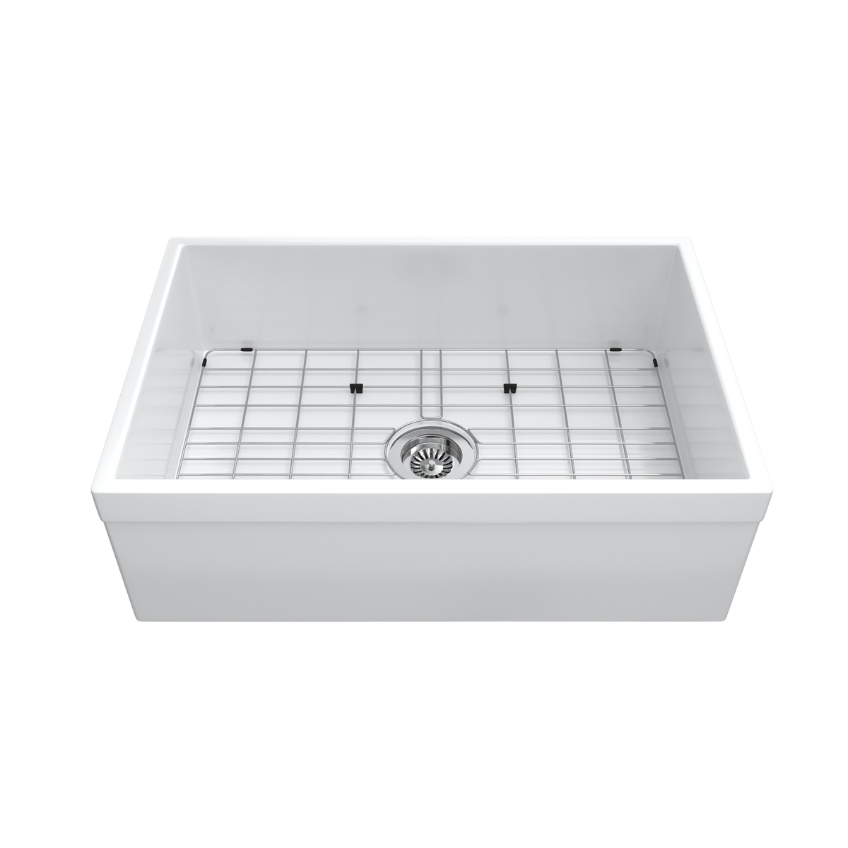 White apron-front single-bowl fireclay farmhouse sink with stainless bottom grid and strainer — SANIKB SNT3020H