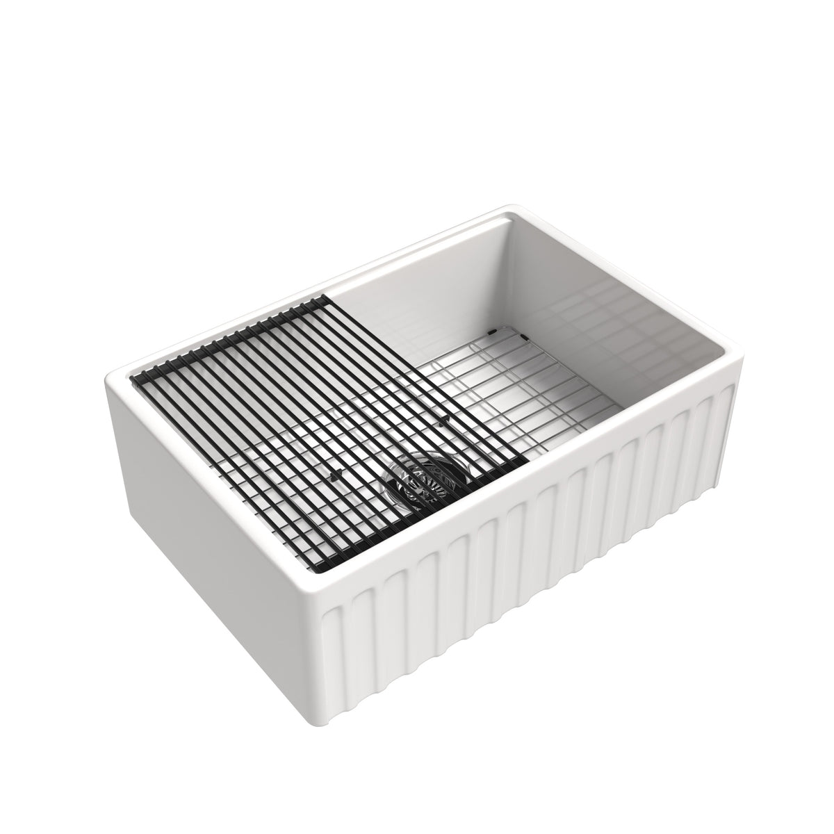 30 inch single bowl fluted workstation fireclay farmhouse sink, white background - SANIKB SN104W3020