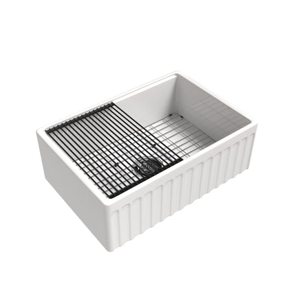 30 inch single bowl fluted workstation fireclay farmhouse sink, white background - SANIKB SN104W3020
