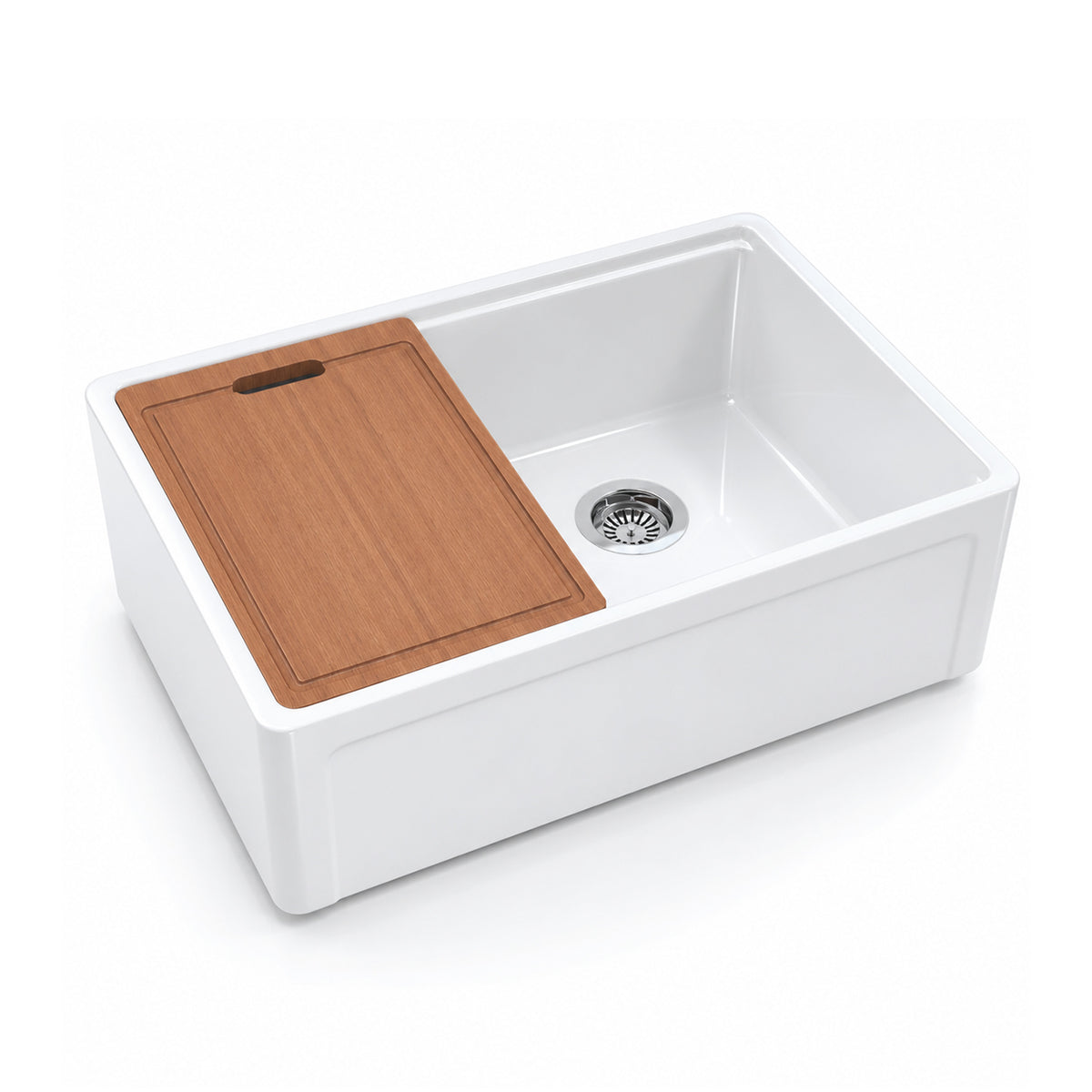 30 inch smooth workstation fireclay farmhouse sink with wood cutting board, white background - SANIKB SN105W3020