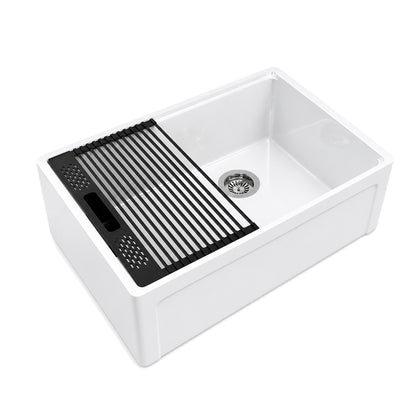 30 inch single bowl smooth workstation fireclay farmhouse sink, white background - SANIKB SN105W3020