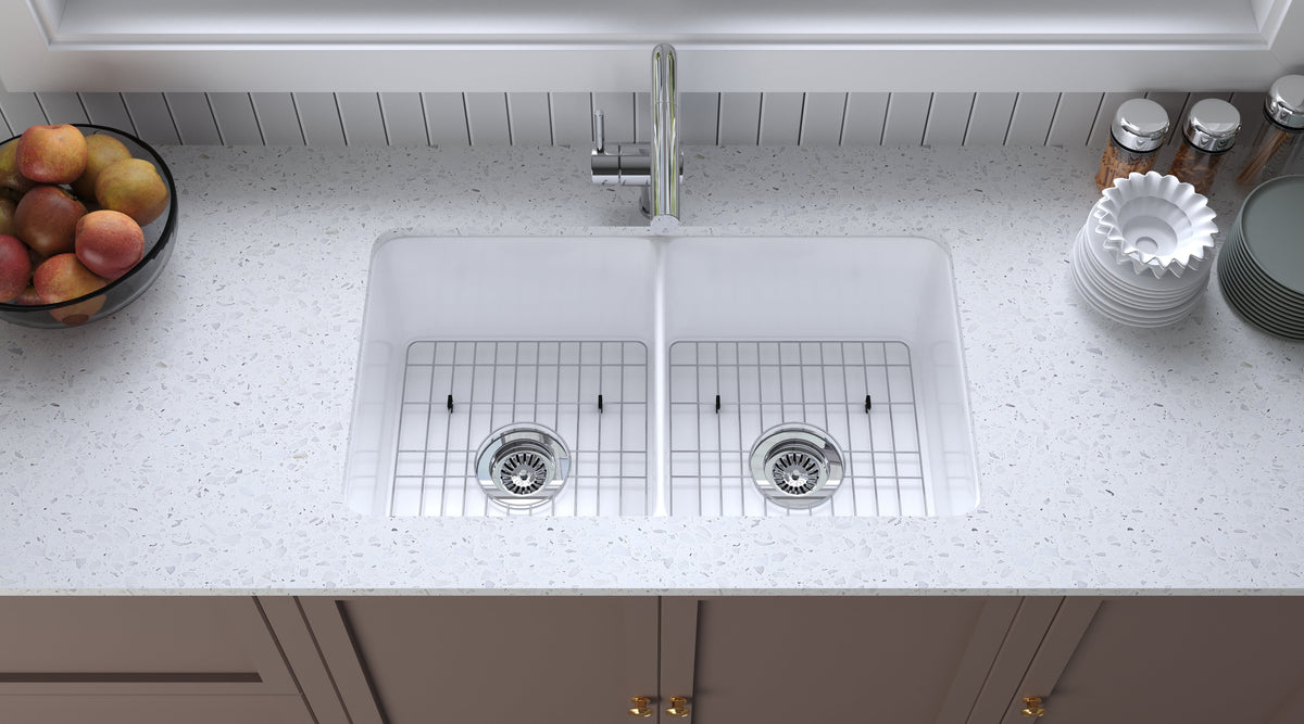 32 inch double bowl smooth fireclay farmhouse sink installed scene - SANIKB SN3219D