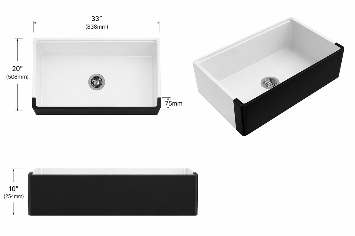 33 inch single bowl white and matte black apron front fireclay farmhouse sink - SANIKB SN3320S-BLK