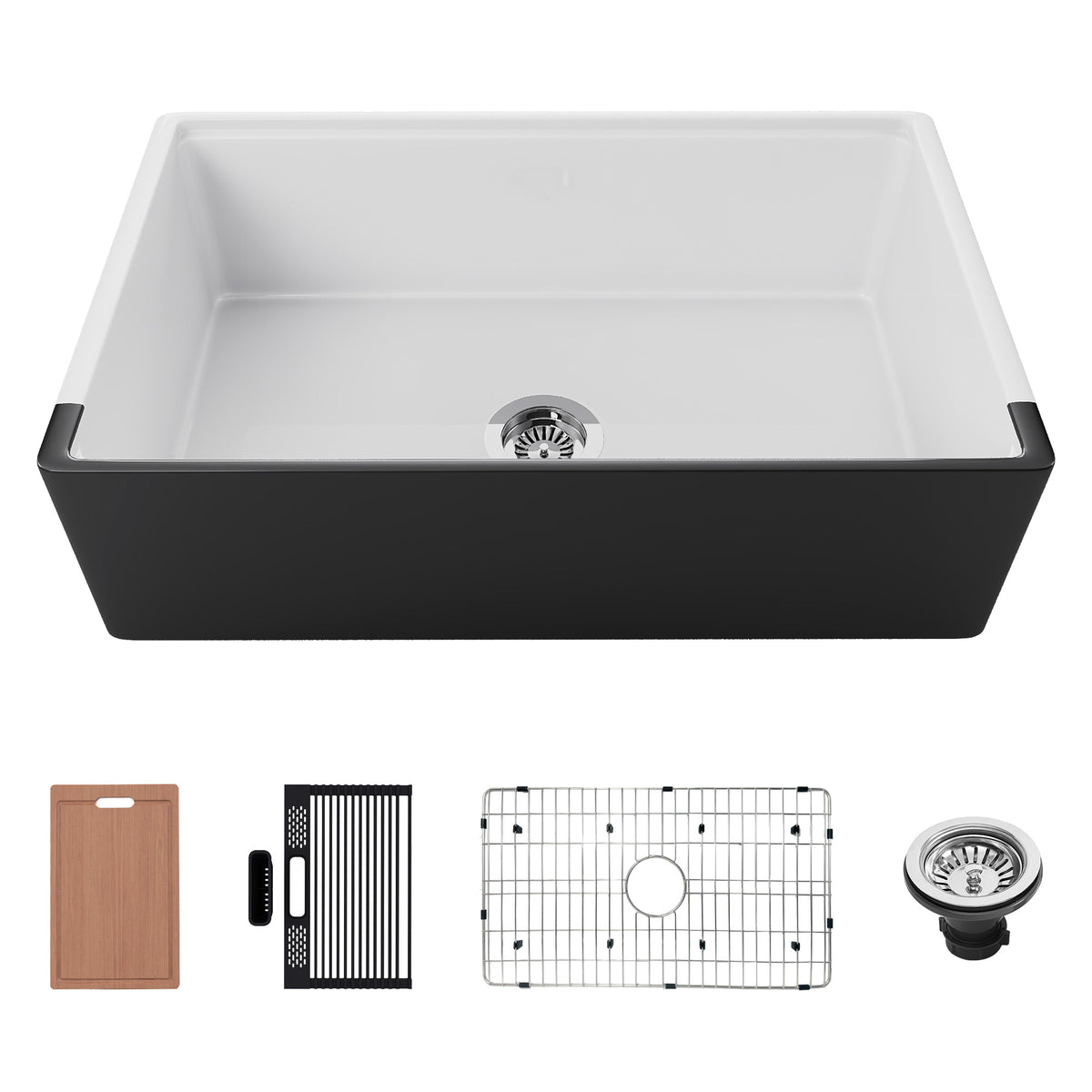 33 inch single bowl white and matte black apron front fireclay farmhouse sink - SANIKB SN3320S-BLK