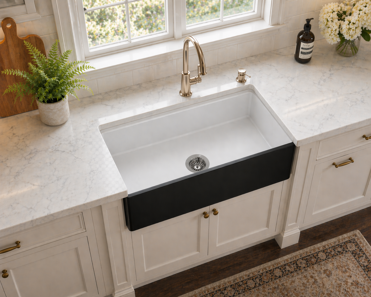 33 inch single bowl white and matte black apron front fireclay farmhouse sink - SANIKB SN3320S-BLK