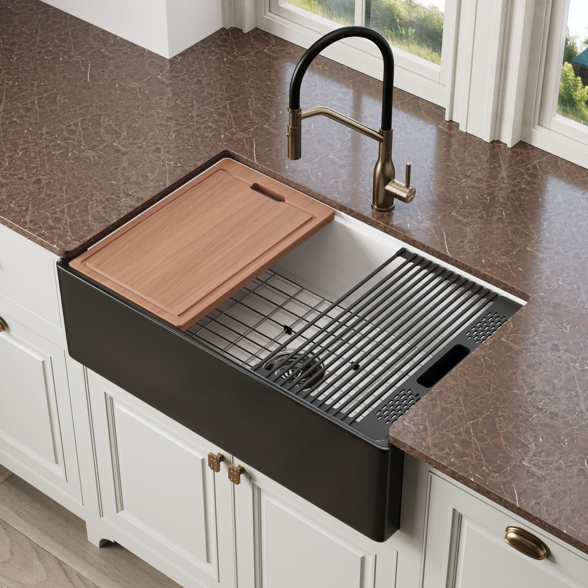 33 inch single bowl white and matte black apron front fireclay farmhouse sink - SANIKB SN3320S-BLK