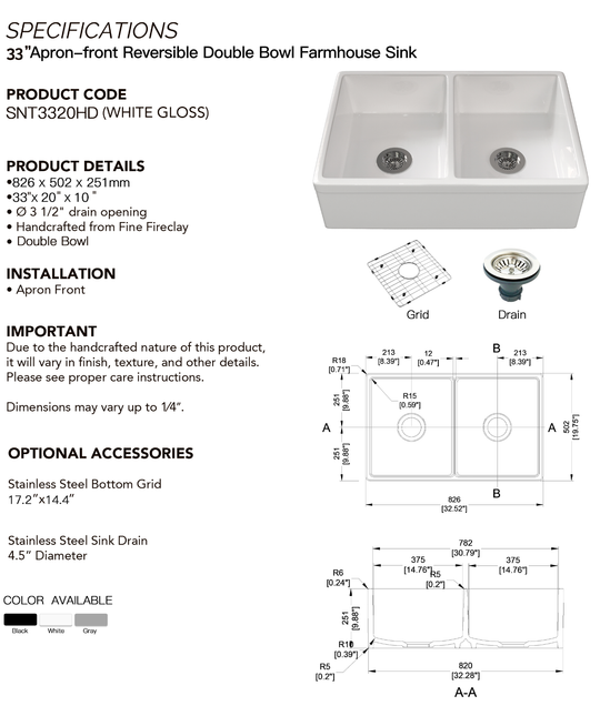 33-inch double-bowl fireclay farmhouse sink dimension drawing, 33 x 20 x 10 inches — SANIKB SNT3320HD