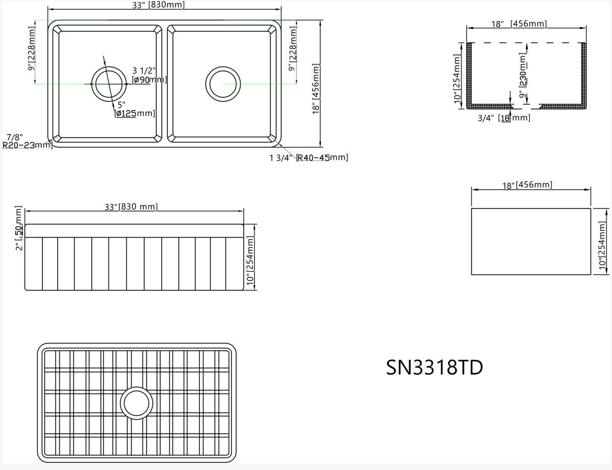 SN3318TD dimensions drawing 33 x 18 x 10 inch