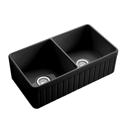 33 inch double bowl fluted fireclay farmhouse apron sink matte black - SANIKB SN3318TD-MB