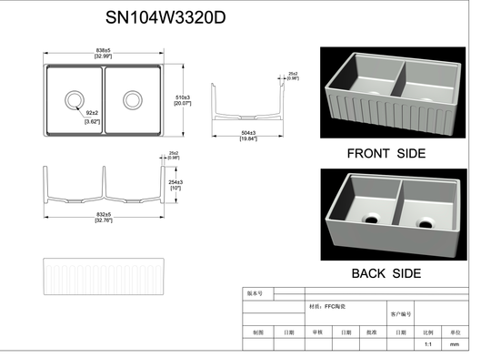 33 inch double bowl fluted workstation fireclay farmhouse sink, dimensions drawing - SANIKB SN104W3320D