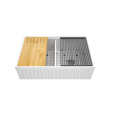 33 inch double bowl fluted workstation fireclay farmhouse sink - SANIKB SN103W3320D