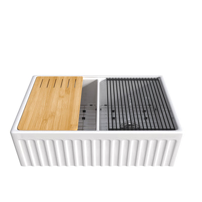 33 inch double bowl fluted workstation fireclay farmhouse sink, main view - SANIKB SN104W3320D