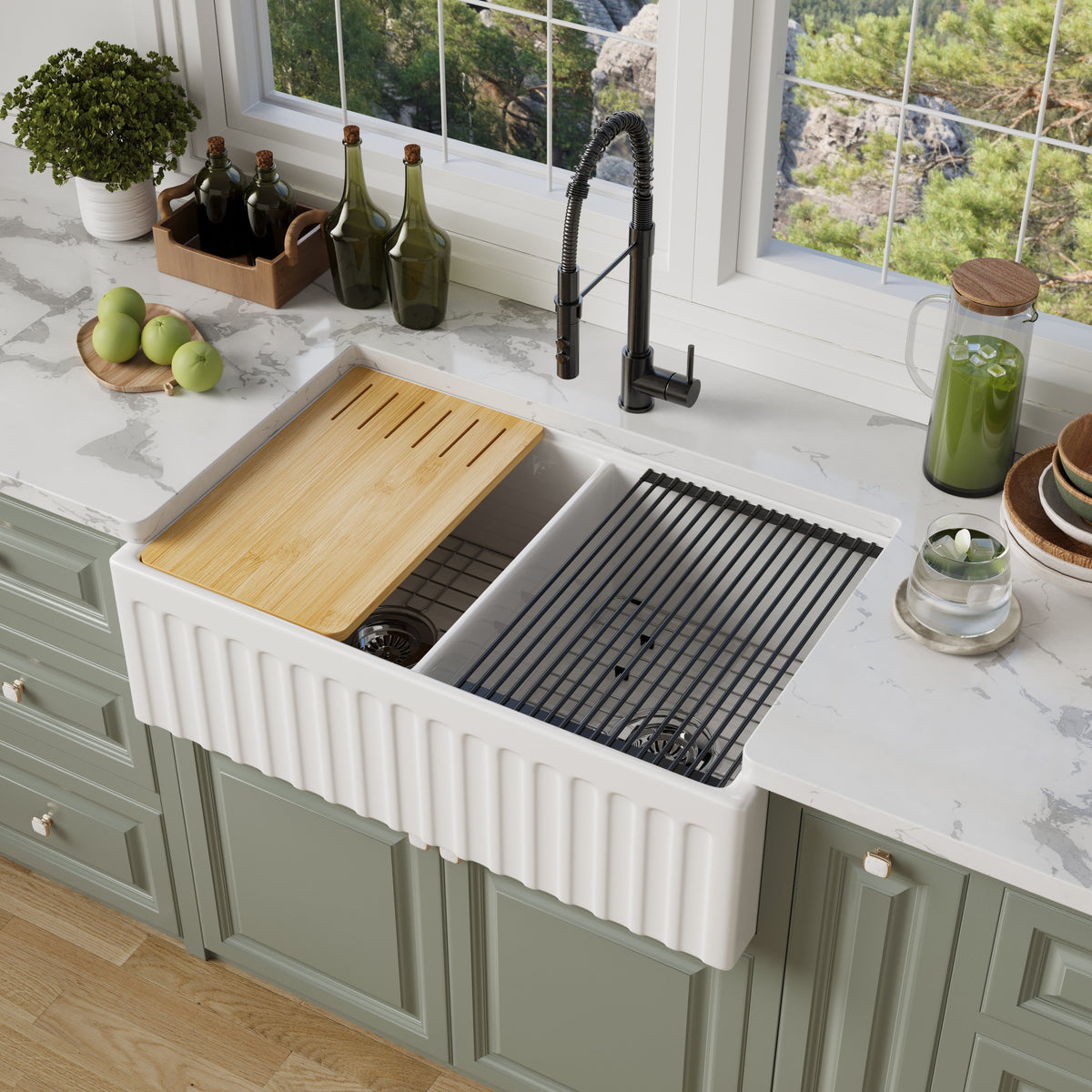 33 inch double bowl fluted workstation fireclay farmhouse sink, kitchen scene - SANIKB SN104W3320D