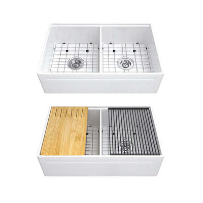 33 inch double bowl reversible workstation fireclay farmhouse sink - SANIKB SN101W3320D