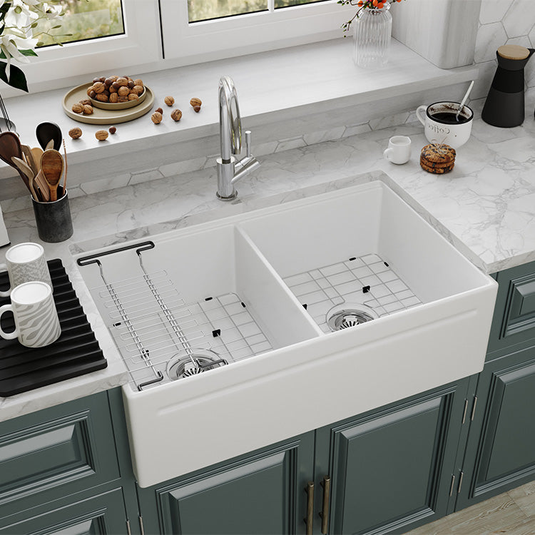 33 inch double bowl reversible workstation fireclay farmhouse sink in kitchen scene - SANIKB SN101W3320D