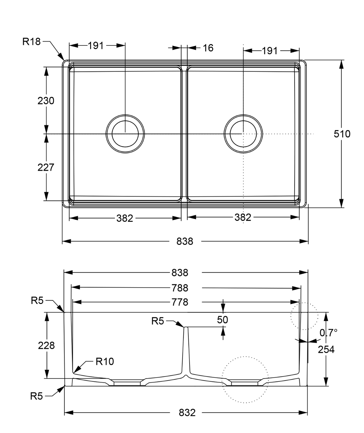 33-inch double-bowl smooth-apron fireclay farmhouse sink dimension drawing — SANIKB SN3320WD