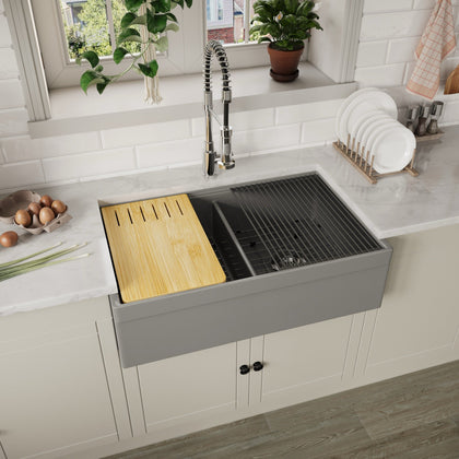 33-inch double-bowl smooth-apron fireclay farmhouse sink in grey — SANIKB SN3320WD-GY
