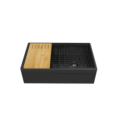 33-inch double-bowl smooth-apron fireclay farmhouse sink in matte black — SANIKB SN3320WD-BLK
