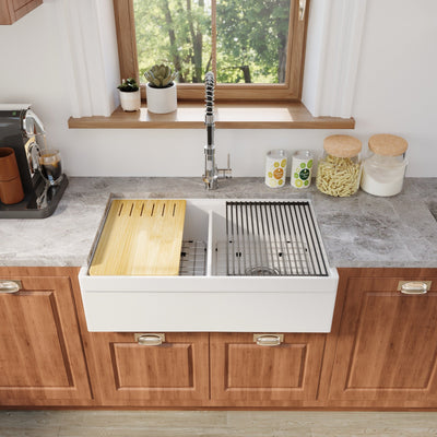 33-inch double-bowl smooth-apron fireclay farmhouse sink in white — SANIKB SN3320WD