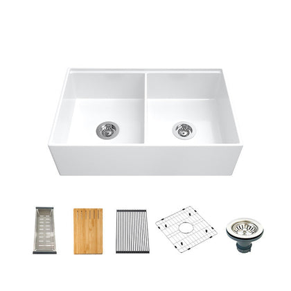33 inch double bowl smooth workstation fireclay farmhouse sink - SANIKB SN100W3320D