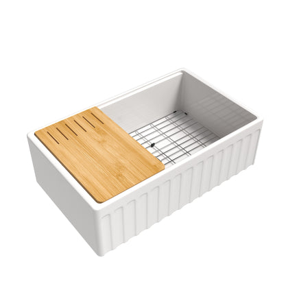 33 inch single bowl fluted workstation fireclay farmhouse sink, white background - SANIKB SN104W3320