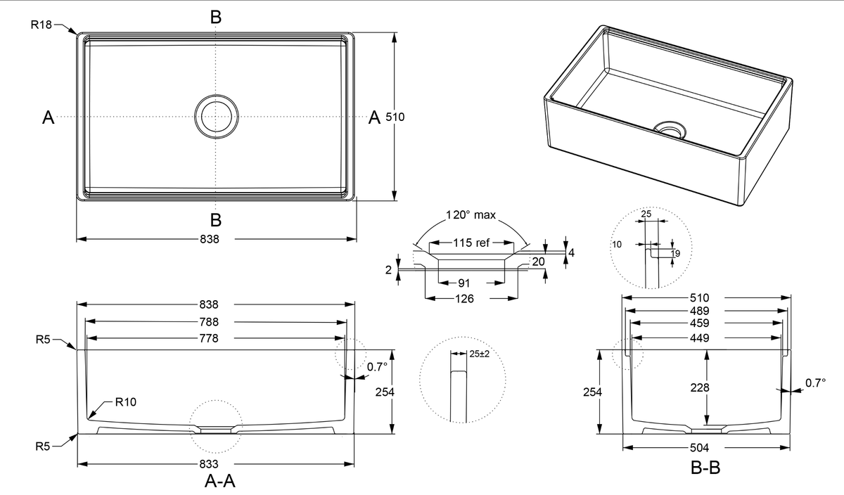 33-inch single-bowl smooth-apron fireclay farmhouse sink dimension drawing — SANIKB SN3320S