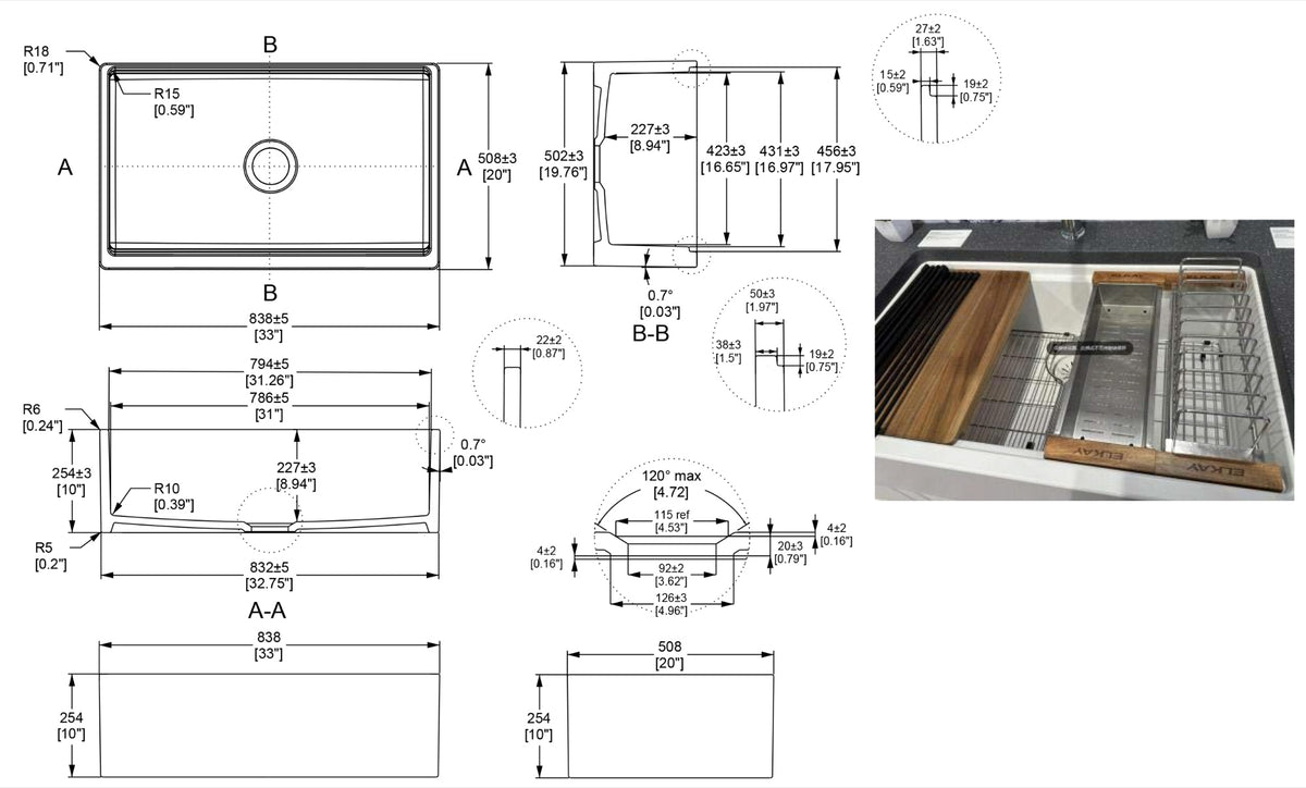33-inch single-bowl workstation fireclay farmhouse sink dimensions drawing — SANIKB SN106W3320