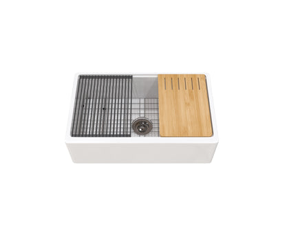 33-inch single-bowl smooth workstation fireclay farmhouse apron sink with accessories — SANIKB SN106W3320