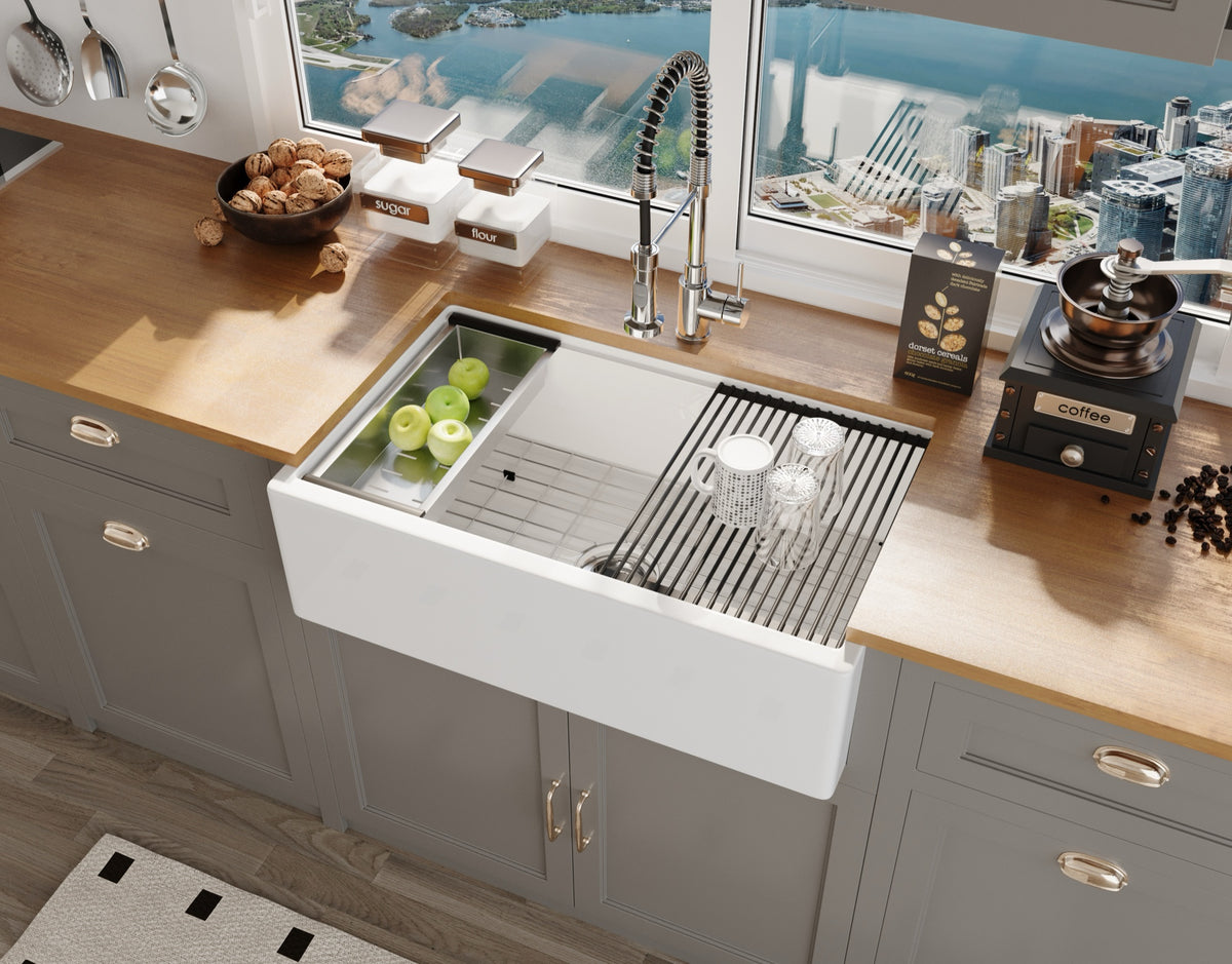 33-inch single-bowl workstation fireclay farmhouse sink installed kitchen scene — SANIKB SN106W3320