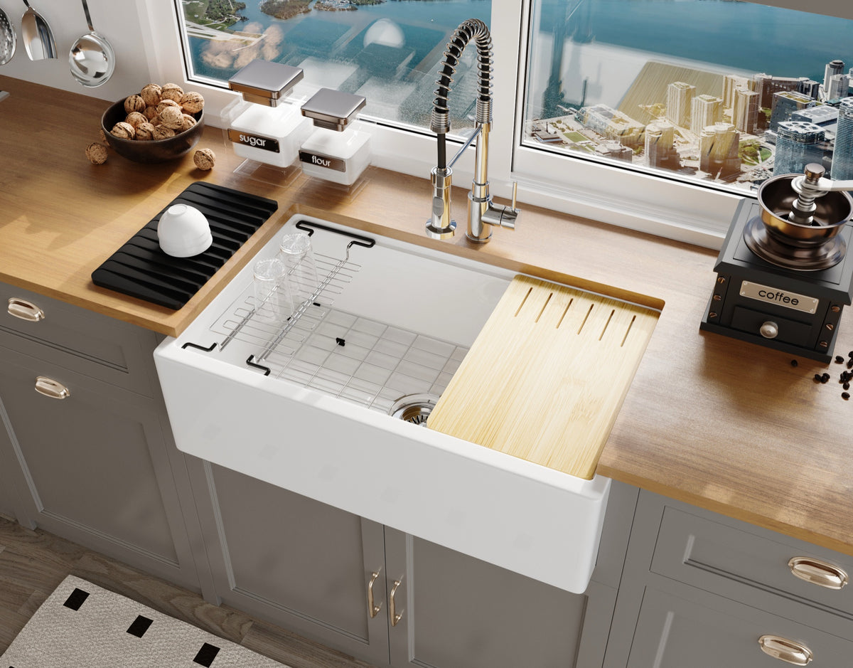 33-inch single-bowl workstation fireclay farmhouse sink kitchen lifestyle scene — SANIKB SN106W3320