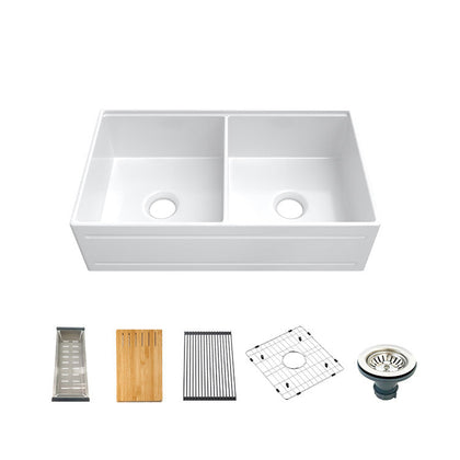 36 inch double bowl recessed workstation fireclay farmhouse sink - SANIKB SN102W3620D