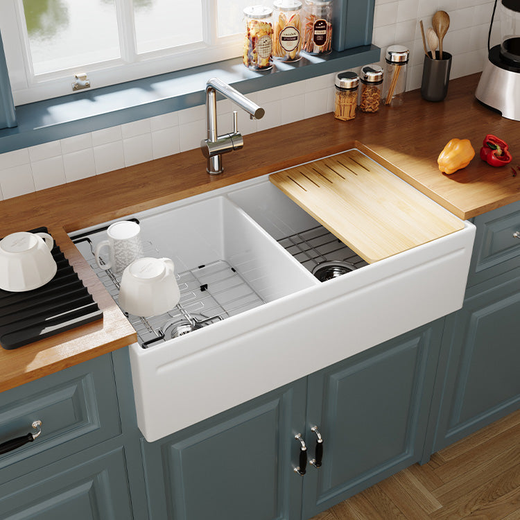 36 inch double bowl reversible workstation fireclay farmhouse sink in kitchen scene - SANIKB SN101W3620D