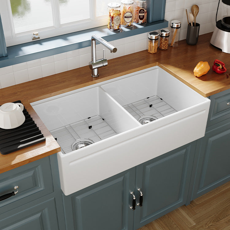 36 inch double bowl reversible workstation fireclay farmhouse sink in kitchen scene - SANIKB SN101W3620D