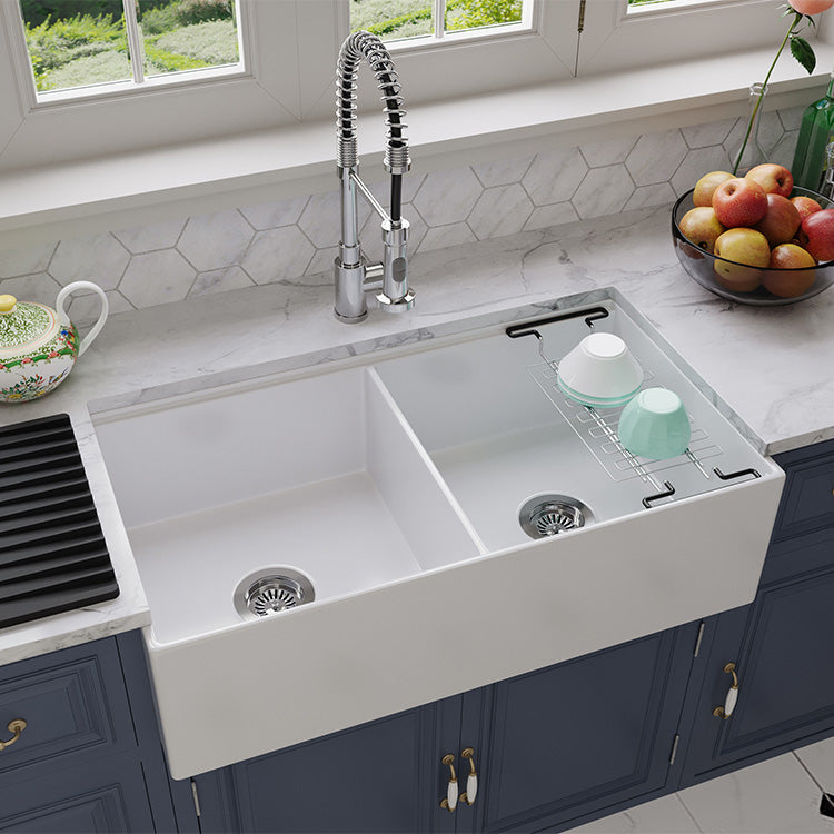 36 inch double bowl smooth workstation fireclay farmhouse sink kitchen scene - SANIKB SN100W3620D