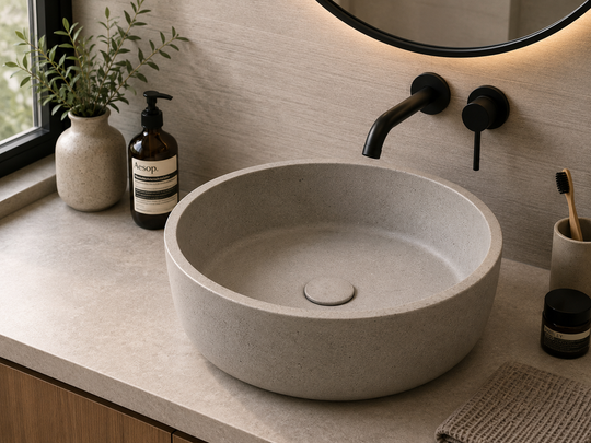 C0008 round concrete vessel sink installed on a bathroom vanity countertop