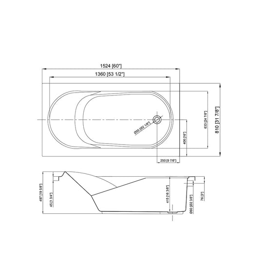 SANIKB AA6032 flat-rim drop-in bathtub dimension drawing - 1524 x 810 x 497 mm