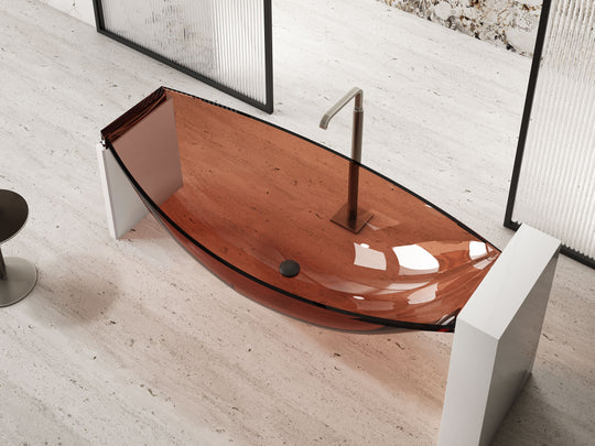 Amber Curved Transparent Bathtub on Slim End Supports; original factory model TW-8996T-1 catalogue detail view 1