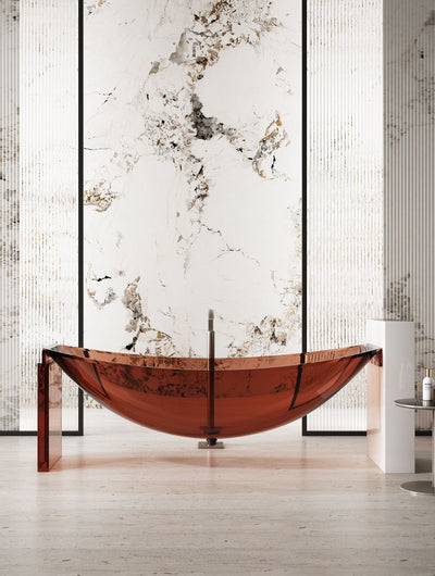 Amber Curved Transparent Bathtub on Slim End Supports; original factory model TW-8996T-1 complete product view