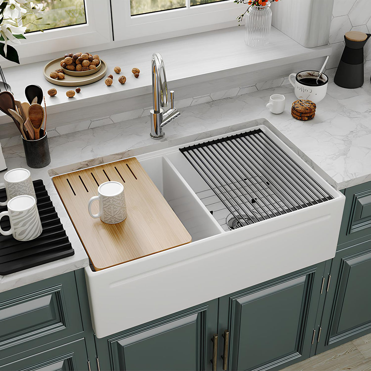 33 Inch Double Farmhouse Sink with Drainboard – Black Apron Front Kitchen Sink | SN101W3320D