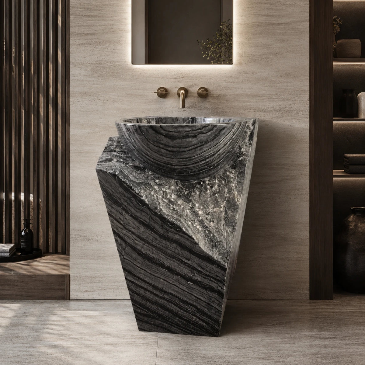 Athens Grey Wooden-Vein Marble Square Pedestal Basin