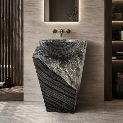 Athens Grey Wooden-Vein Marble Square Pedestal Basin