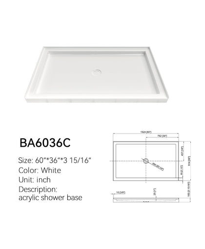 SANIKB BA6036C 60 x 36 center-drain shower pan in white acrylic, shown with its dimension drawing