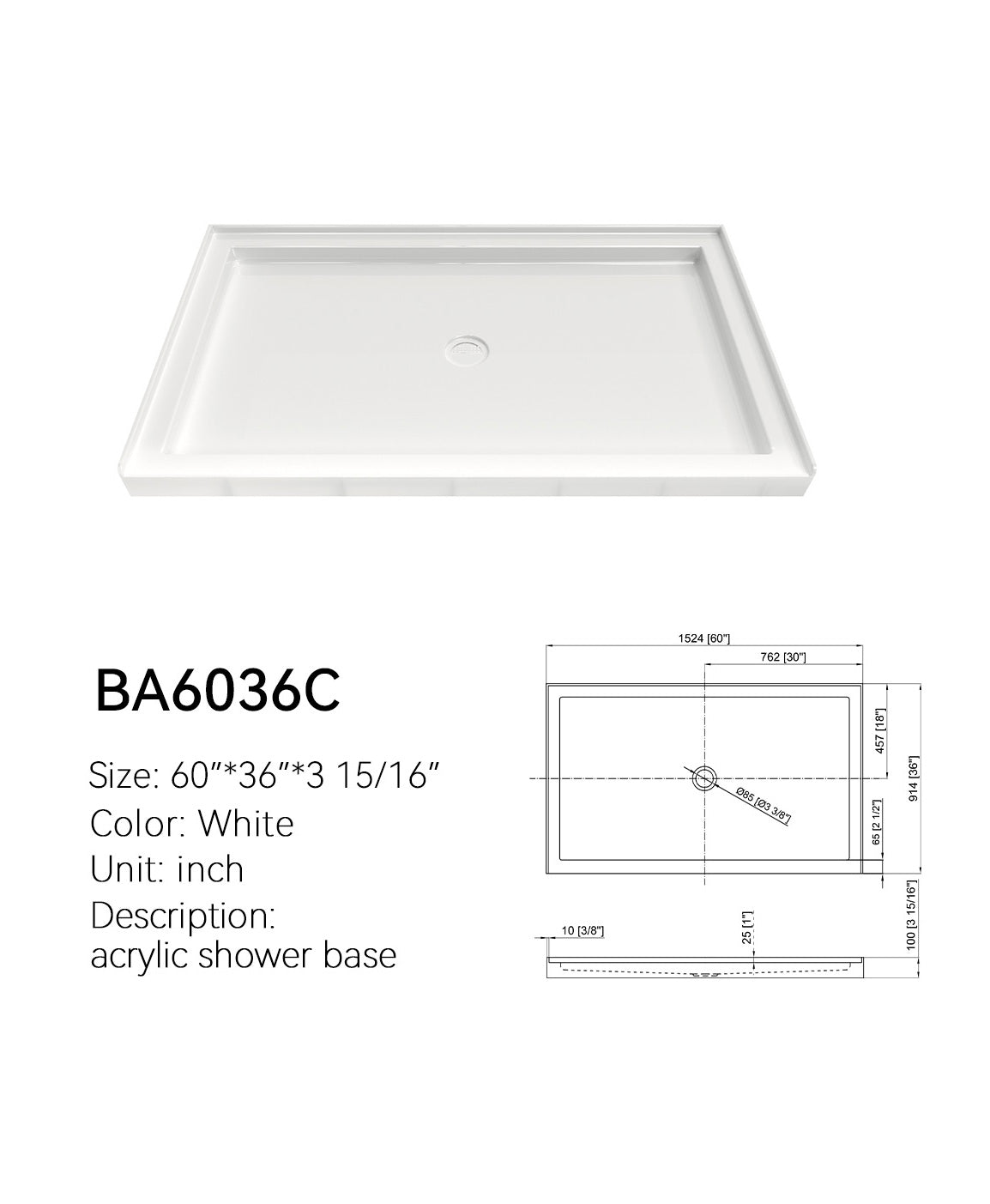SANIKB BA6036C 60 x 36 center-drain shower pan in white acrylic, shown with its dimension drawing