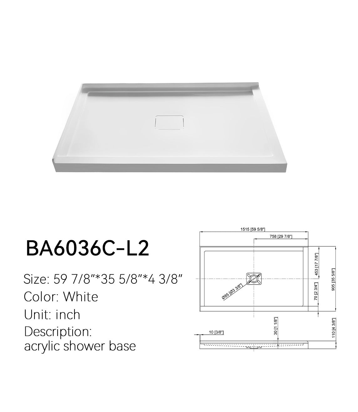 SANIKB BA6036C-L2 60 x 36 corner shower base, left two-side threshold, center drain, white acrylic spec sheet