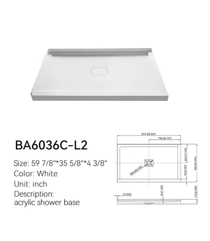 SANIKB BA6036C-L2 60 x 36 corner shower base, left two-side threshold, center drain, white acrylic spec sheet