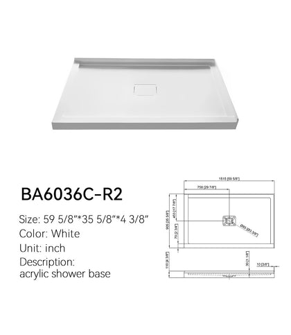 SANIKB BA6036C-R2 60 x 36 corner shower pan, right two-side threshold, center drain, white acrylic spec sheet